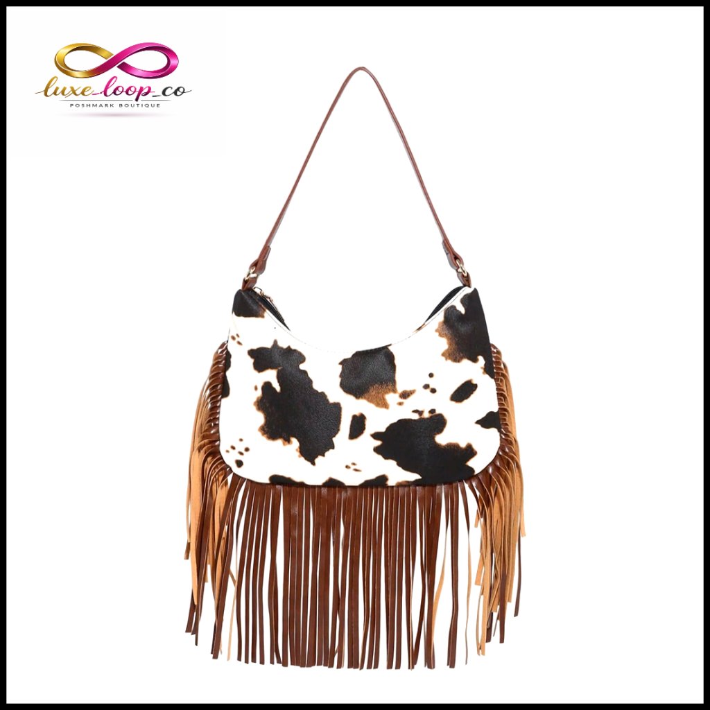Faux Leather Cow Print Fringe Shoulder Bag Western Baguette Purse